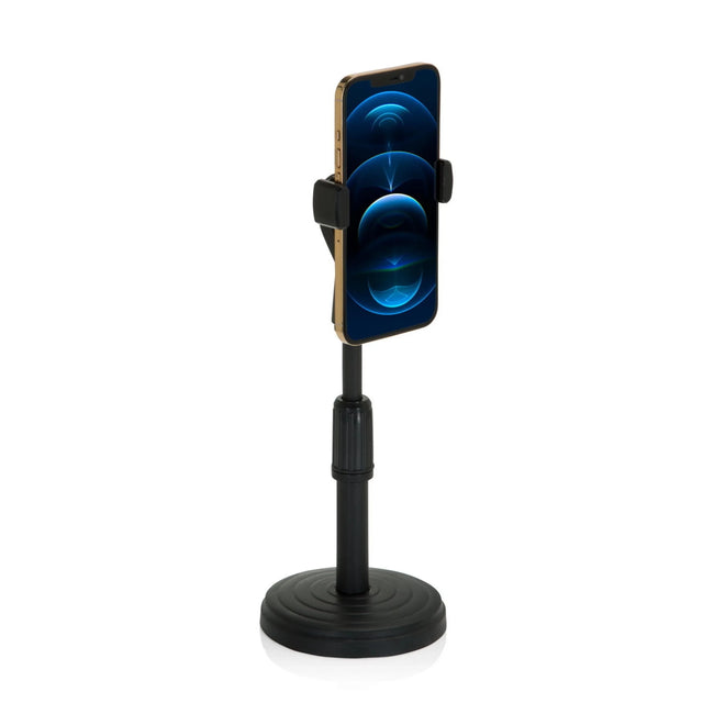 Zwarte Houder voor mobiele telefoon & tablet FLEXMOBI II met ronde voet en smartphone van hjh OFFICE