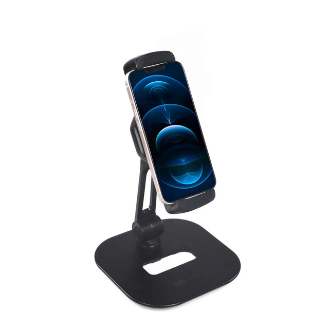 Zwarte Houder voor mobiele telefoon & tablet FLEXMOBI IV met verstelbare arm en platte basis van hjh OFFICE