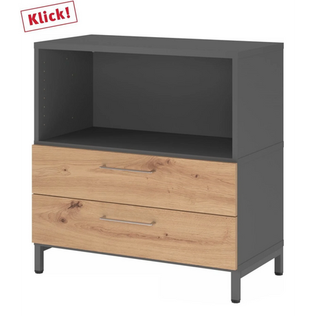 Dressoir FlexWall in grafiet en essen eiken met open vak en twee laden van hjh OFFICE PRO
