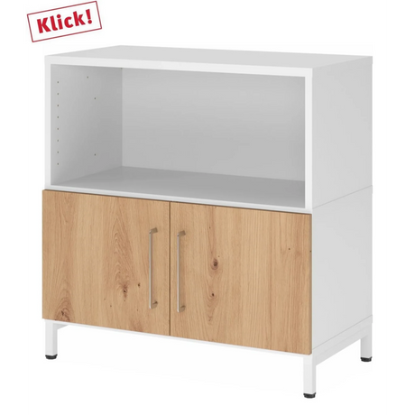 Dressoir FlexWall met wit korpus, twee deuren in esseneiken en wit onderstel van hjh OFFICE PRO