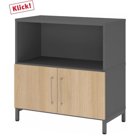 Sideboard FlexWall in grafiet en eiken met open vak en twee deuren op een sokkel van hjh OFFICE PRO