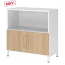 Sideboard FlexWall in wit en eiken met open vak en twee deuren op een wit onderstel van hjh OFFICE PRO