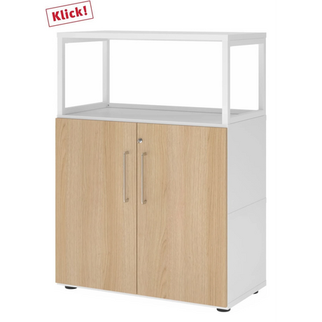 Onderkast FlexWall in wit en eiken met twee deuren en een witte opzetlijst van hjh OFFICE PRO