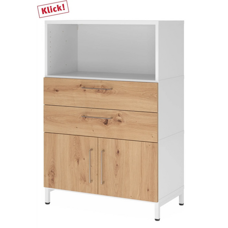 Dressoir FlexWall in wit en knoestig eiken met twee laden, kastdeuren en open vak van hjh OFFICE PRO