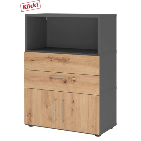 Sideboard FlexWall in grafiet en essenhout met twee laden, een vak en een kastje van hjh OFFICE PRO