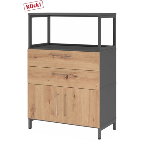 Sideboard FlexWall in essen eiken en grafiet met twee laden, twee deuren en opzetstuk van hjh OFFICE PRO