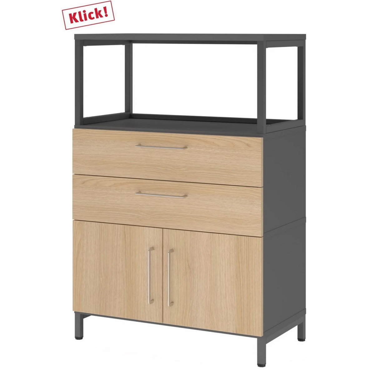 Sideboard FlexWall in grafiet en eiken met twee laden, twee deuren en een opzetstuk van hjh OFFICE PRO