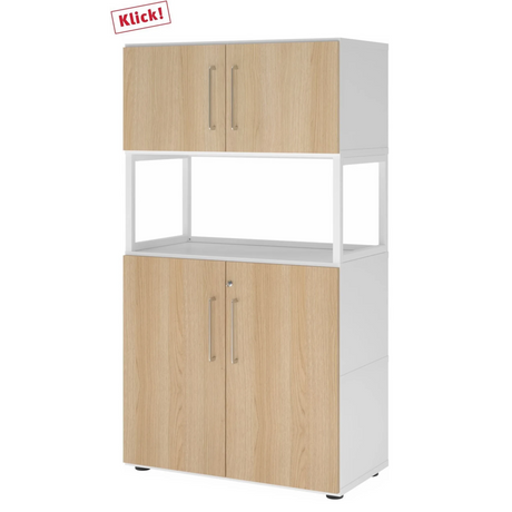 Archiefkast FlexWall in wit en eiken met twee deuren, open plank en pootjes van hjh OFFICE PRO