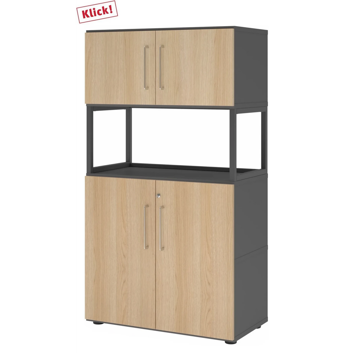 Archiefkast FlexWall in grafiet en eiken met twee deursecties en een open middenbord van hjh OFFICE PRO