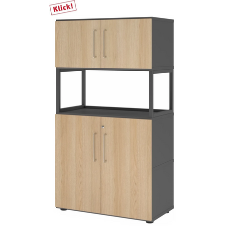 Archiefkast FlexWall in grafiet en eiken met twee deursecties en een open middenbord van hjh OFFICE PRO