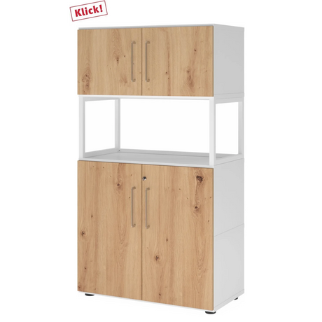 Archiefkast FlexWall in wit en acacia-eiken met twee deuren, open vak en poten van hjh OFFICE PRO