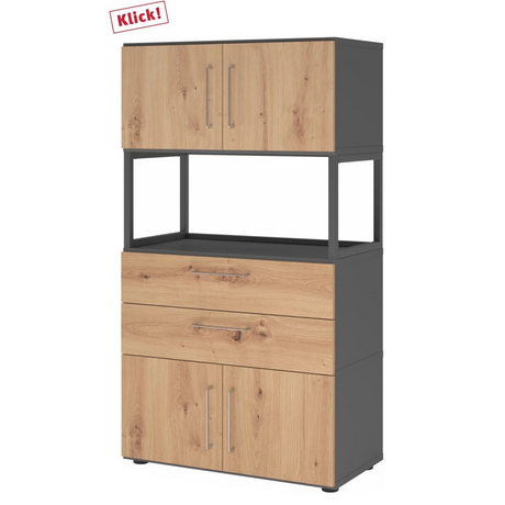 Kast FlexWall in grafiet en essen eiken met deuren, laden en een open frame van hjh OFFICE PRO