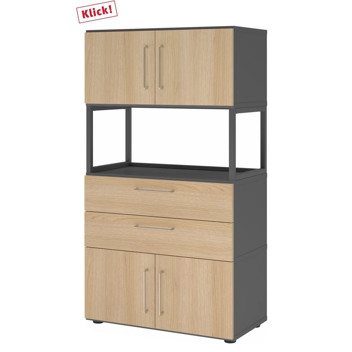 Archiefkast FlexWall in grafiet en eiken met twee deuren, twee laden en een open plank van hjh OFFICE PRO
