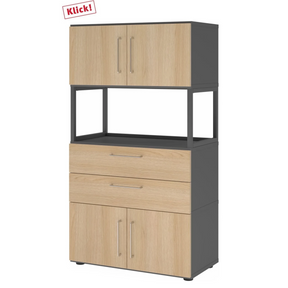 Archiefkast FlexWall in grafiet en eiken met twee deuren, twee laden en een open plank van hjh OFFICE PRO