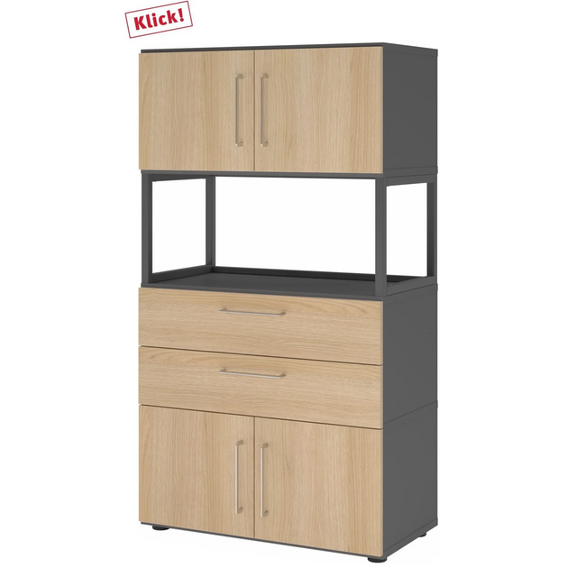 Archiefkast FlexWall in grafiet en eiken met twee deuren, twee laden en een open plank van hjh OFFICE PRO