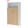 Archiefkast FlexWall in wit en eiken met twee deuren, open vak en wit sokkelgestel van hjh OFFICE PRO