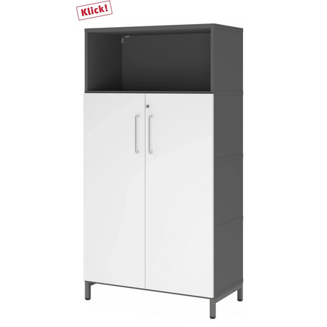Archiefkast FlexWall in grafiet en wit met twee deuren, open vak en plintvoet van hjh OFFICE PRO