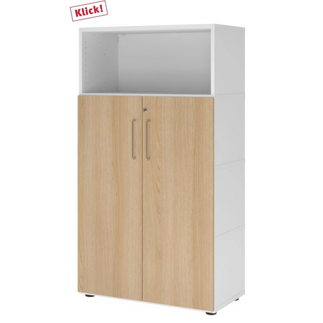 Archiefkast FlexWall in wit en eiken met twee deuren, open vak en pootjes van hjh OFFICE PRO