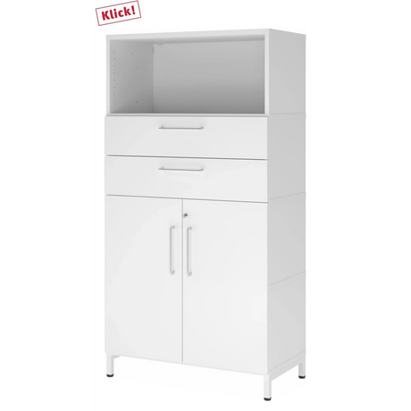 Witte archiefkast FlexWall met twee laden, twee deuren en een open vak op een sokkel van hjh OFFICE PRO