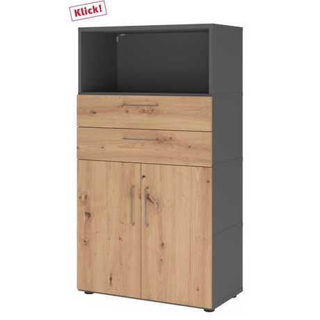 Archiefkast FlexWall in grafiet en essen eiken met twee laden, een vak en deuren van hjh OFFICE PRO