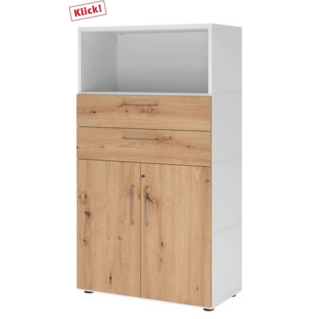 Archiefkast FlexWall in wit en essenkleur met twee laden, twee deuren en een open vak van hjh OFFICE PRO