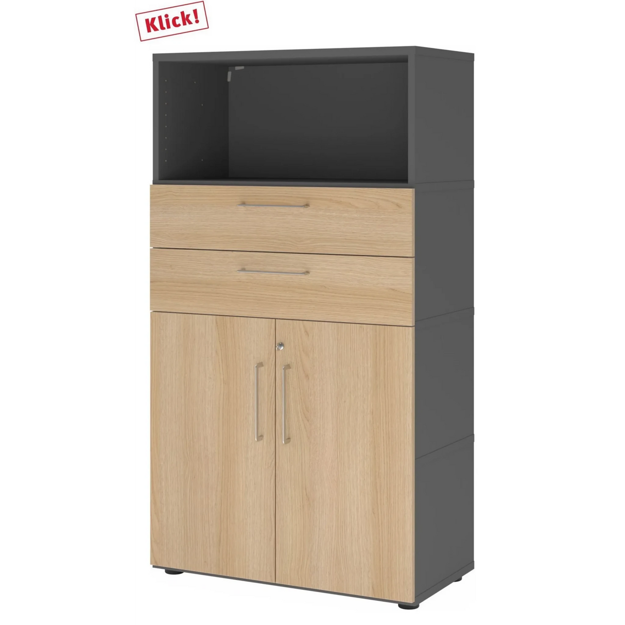 Archiefkast FlexWall in grafiet en eiken met twee laden en een kastvak van hjh OFFICE PRO