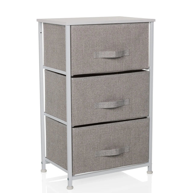 Grijze Commode FOLDRESS M met drie stoffen laden en zilverkleurig metalen frame van hjh LIVING