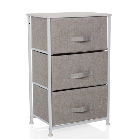 Grijze Commode FOLDRESS M met drie stoffen laden en zilverkleurig metalen frame van hjh LIVING