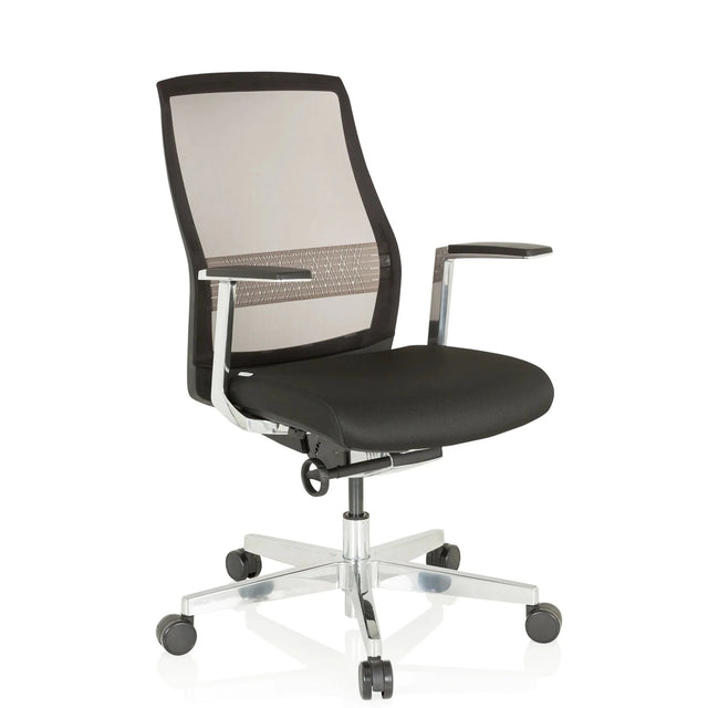 High end bureaustoel FOUNTAINE PRO met zwarte bekleding, netrugleuning en aluminium voetkruis van hjh OFFICE