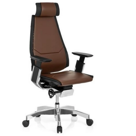 High end bureaustoel GENIDIA PRO met bruine lederen bekleding, zwarte accenten en chromen voet van hjh OFFICE
