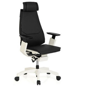High end bureaustoel GENIDIA PRO WHITE met zwarte lederen bekleding en wit frame van hjh OFFICE