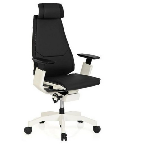 High end bureaustoel GENIDIA PRO WHITE met zwarte lederen bekleding en wit frame van hjh OFFICE