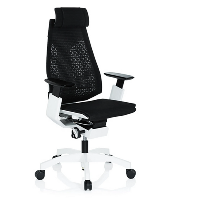 High end bureaustoel GENIDIA PRO WHITE met zwarte netbekleding en wit frame van hjh OFFICE