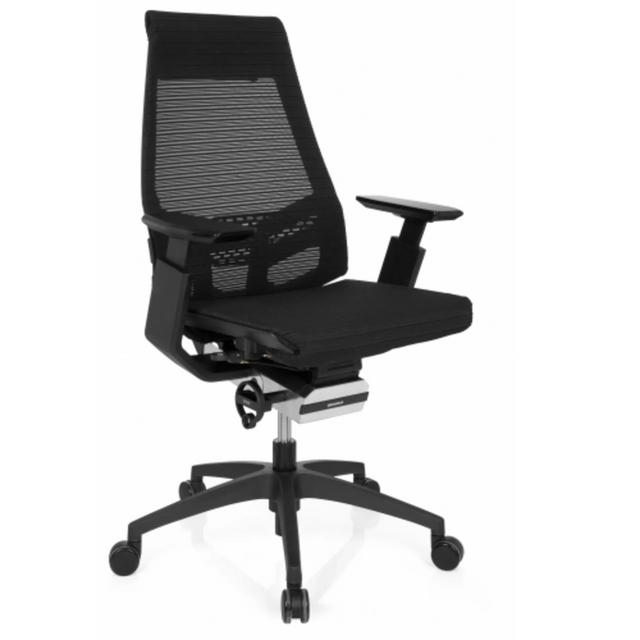 Professionele bureaustoel GENIDIA SMART BLACK met zwarte netbekleding en armleuningen van hjh OFFICE
