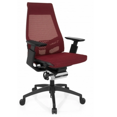 Professionele bureaustoel GENIDIA SMART BLACK met rood-zwarte netbekleding en zwarte armleuningen van hjh OFFICE