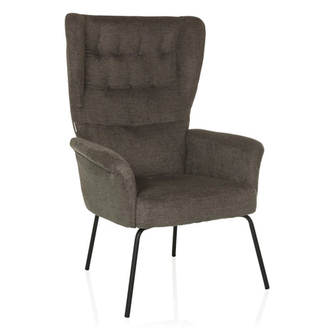 Donkergrijze Gestoffeerde fauteuil HAVENIO met gewatteerde rugleuning en zwarte metalen poten van hjh LIVING