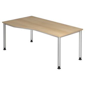 Hoogteverstelbaar bureau HILO 18 S in eikenlook met vier zilverkleurige metalen poten van hjh OFFICE PRO