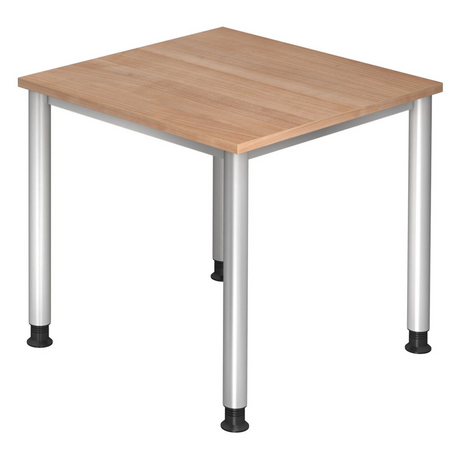 Hoogteverstelbaar bureau HILO 8 S met blad in walnootlook en zilverkleurige poten van hjh OFFICE PRO
