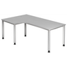 Grijs L-vormig bureau HILO 82 S met zilveren poten en kabeluitlaat van hjh OFFICE PRO