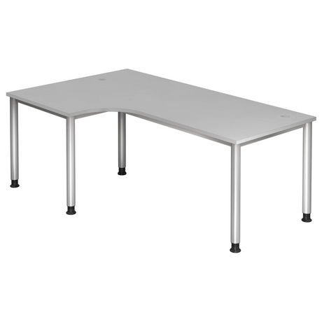 Grijs L-vormig bureau HILO 82 S met zilveren poten en kabeluitlaat van hjh OFFICE PRO