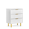 Witte commode Hjelle K met geribbeld frontdesign, drie goudkleurige grepen en vier gouden poten van hjh LIVING