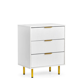 Witte commode Hjelle K met geribbeld frontdesign, drie goudkleurige grepen en vier gouden poten van hjh LIVING
