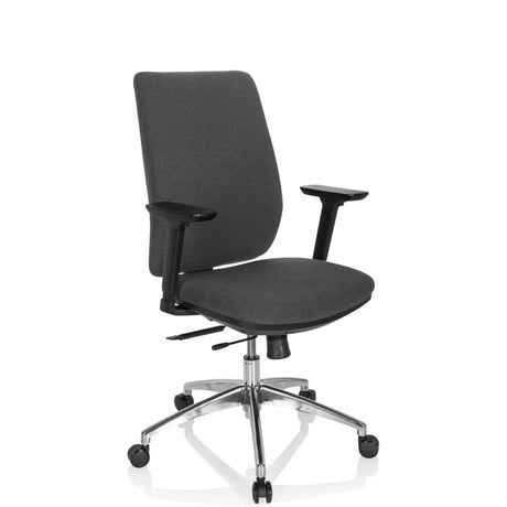 Professionele bureaustoel INTEGRIO I met donkergrijze stofbekleding en zilverkleurig stervormig onderstel van hjh OFFICE