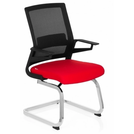 Vergaderstoel INVENTOR V met zwarte netrug, rode zitting en verchroomd frame van hjh OFFICE
