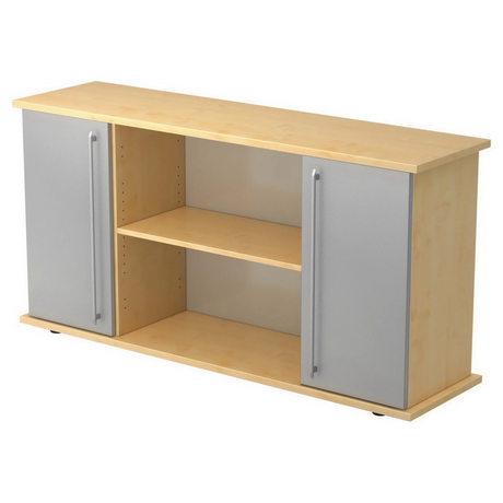Sideboard KAPA SB in esdoornoptiek met twee zilveren kunststof deuren en open vakken van hjh OFFICE PRO