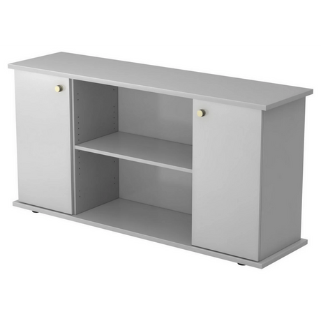 Grijs dressoir KAPA SB met twee deuren, gouden knoppen en open vakken van hjh OFFICE PRO