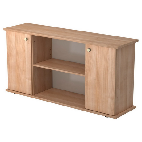 Sideboard KAPA SB van licht walnoothout met twee deuren, knoppen en een open plank van hjh OFFICE PRO