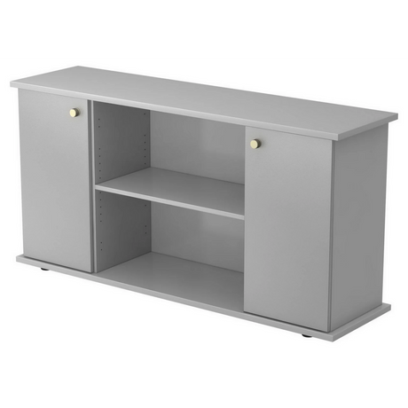 Grijs dressoir KAPA SB met twee deuren, zilverkleurige knoppen en een open vak van hjh OFFICE PRO