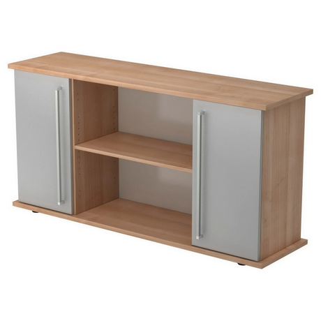 Sideboard KAPA SB in walnoot-look met twee zilveren metalen deuren en chromen handgrepen van hjh OFFICE PRO