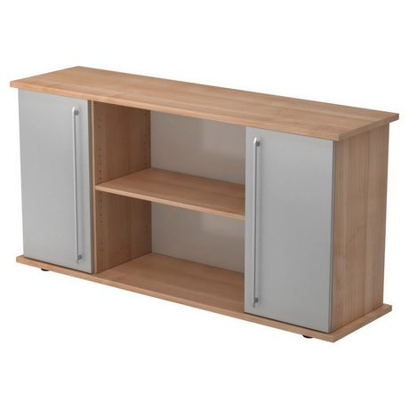 Sideboard KAPA SB in walnootlook met zilveren deuren, relinggrepen en open vakken van hjh OFFICE PRO